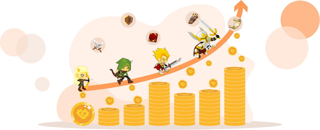 Game characters climbing coins